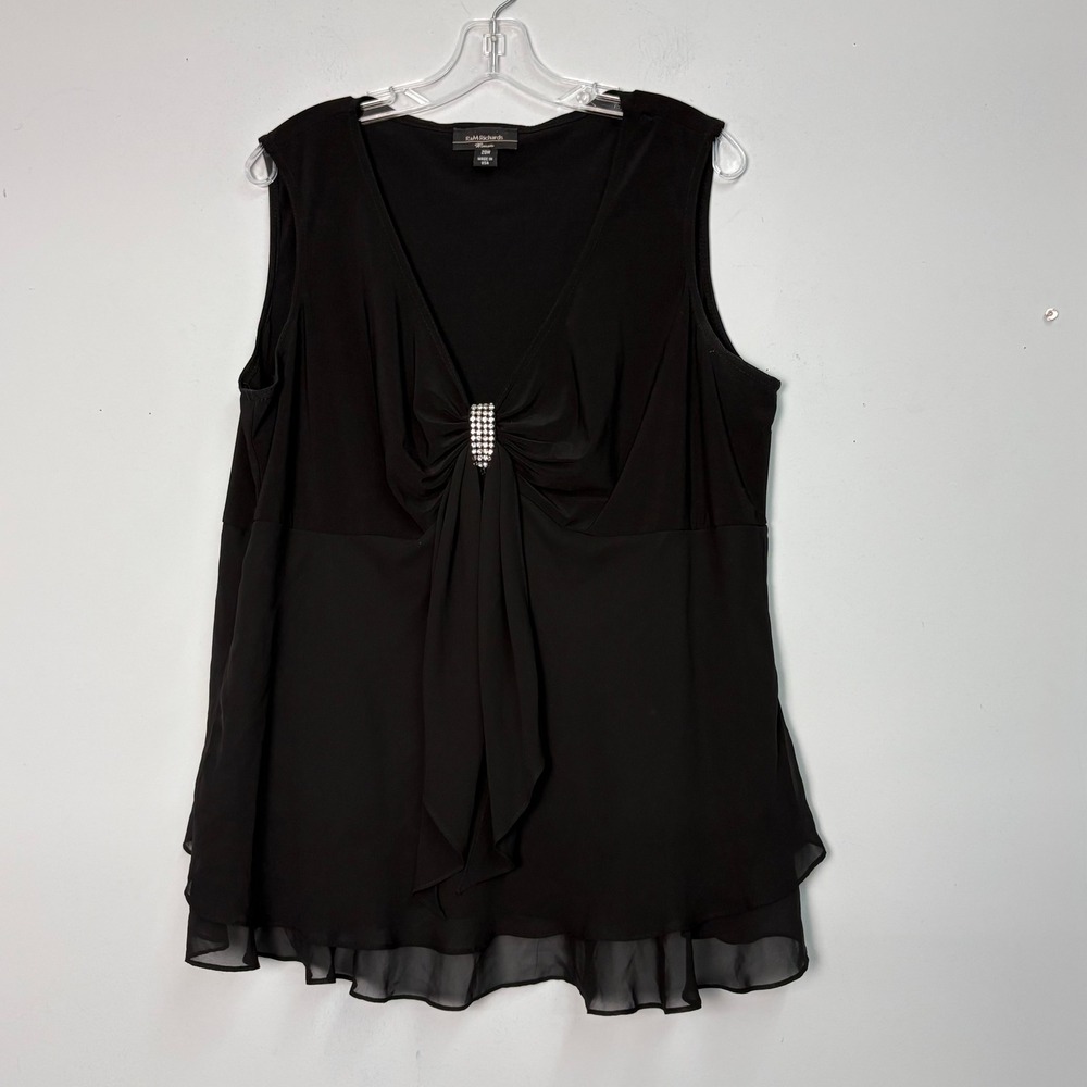 R&M Richards Woman Black V-Neck Rhinestone Layered Chiffon Sleeveless Top 20W